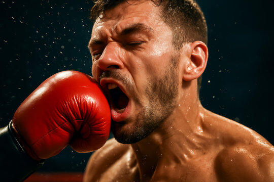 Intense moment of a boxer getting hit with a glove