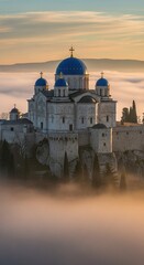 Ancient monastery with blue domes rising from thick morning fog. Spiritual travel, religion, old architecture concept for serene landscape.