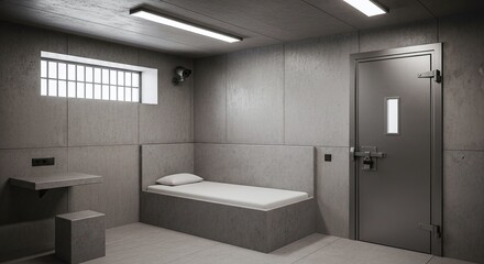 Empty stark concrete cell with a barred window, bed, and locked door for depicting incarceration or solitary confinement.