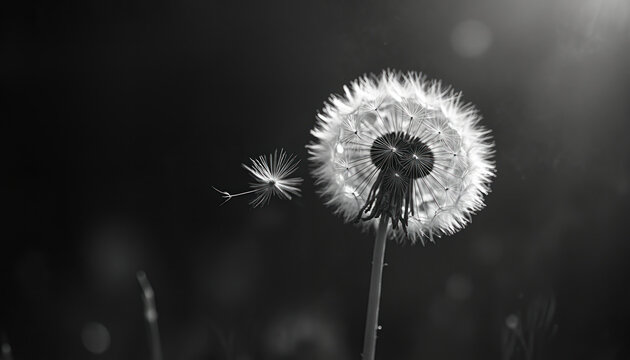 Closeup on dandelion clock seeds floating in air. Black, white photo shows lightness, fragility, grief, loss. Conceptual monochrome shot. Nature, plant with flying seeds symbolizes transience of life.