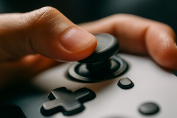 Close-up of a hand gripping a video game controller joystick
