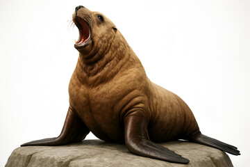 Obraz premium sea lion or seal sitting on a rock roaring with its mouth wide open isolated on a white background