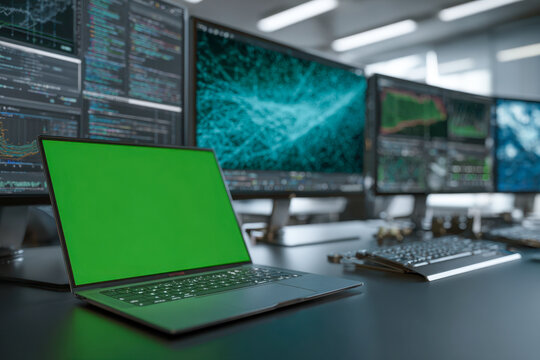 Modern workspace with green screen laptop and multiple large monitors displaying data analytics and cyber network visuals in a high-tech control room