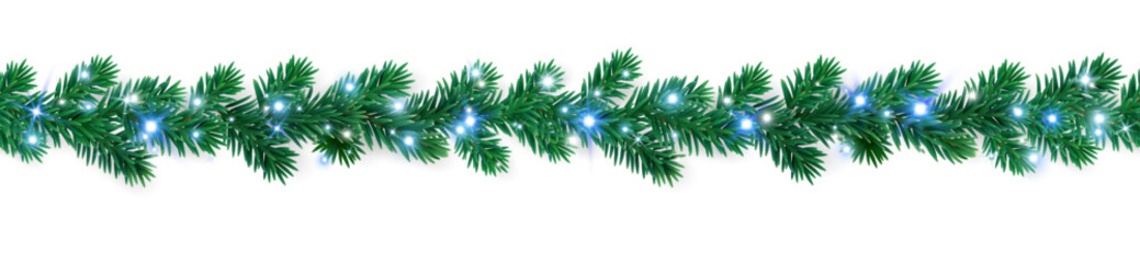 Seamless Christmas tree garland made of lush fir branches with glowing blue and white lights. Perfect festive border for Christmas cards, banners, and winter holiday designs. © Olga Prozorova