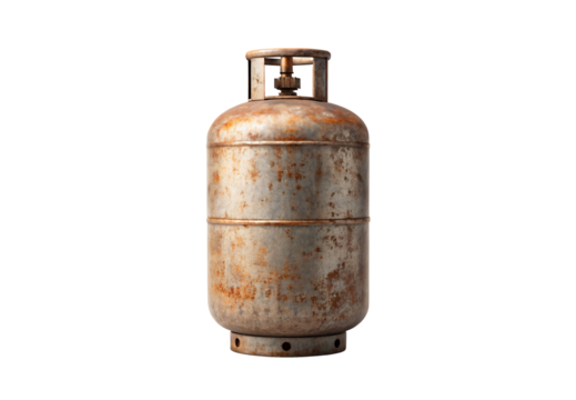Old corroded gas cylinder with rust patina, metal propane tank showing age, industrial vintage container, isolated on a transparent background