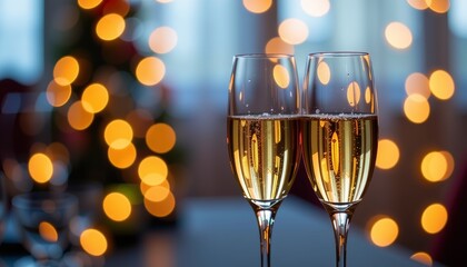 Luxury new year party scene, close-up of champagne glasses clinking with golden bokeh in the background, soft focus backdrop for text overlay, premium lifestyle advertising