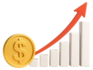 Golden dollar coin and rising bar graph with red arrow indicating growth finance money isolated on a transparent background