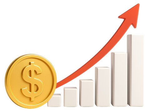 Golden dollar coin and rising bar graph with red arrow indicating growth finance money isolated on a transparent background
