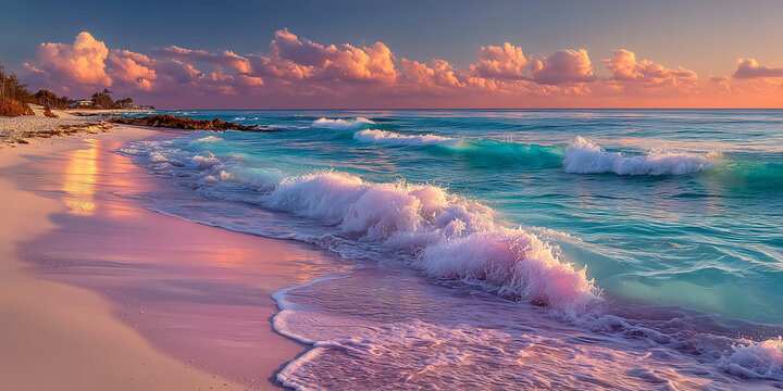 Tranquil beach landscape at sunset with gentle ocean waves