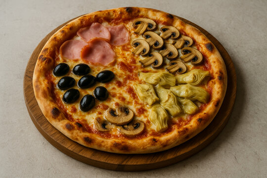 Delicious pizza with assorted toppings on a wooden serving board
