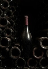 Dusty bottles of vintage red wine rest in a dark, cool cellar setting, emphasizing long-term aging and rustic storage ,rack ,cork ,antique