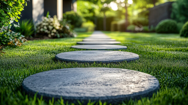 Serene stone pathway in a lush garden setting - Powered by Adobe