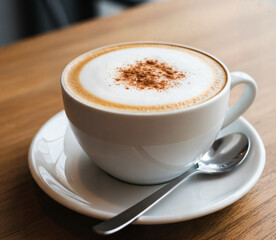 A warm cappuccino sits on a textured wooden table surface.