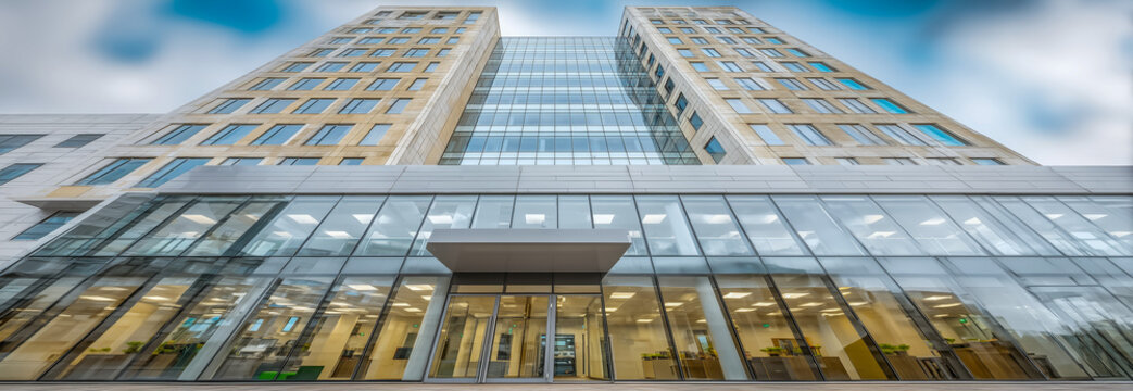 Modern glass office building with stylish architecture and design