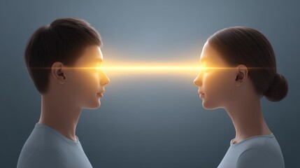 The law of attraction and manifestation that helps attract love and healthy relationships. Two people looking at each other intensely with a luminous energy line connecting them.