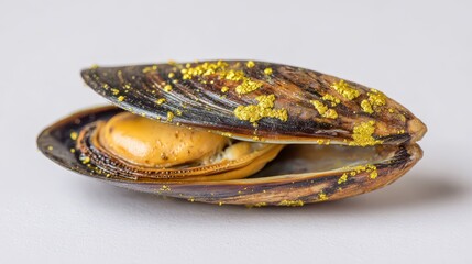 The danger of fresh seafood containing harmful bacteria. Diseases caused by dangerous bacterial contamination. A detailed macro shot of bacteria clinging to a mussel, showing microbial contamination.