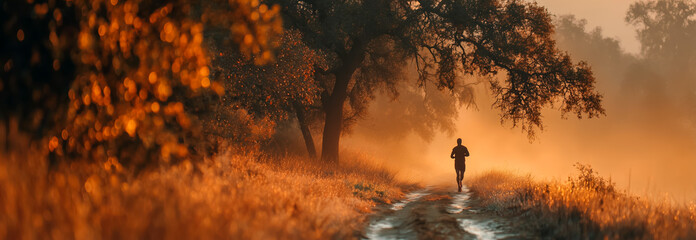 Man running through misty forest path at sunrise