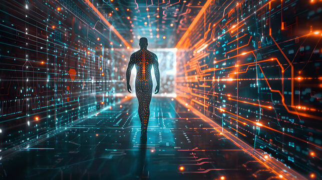 Photo showcasing a virtual cybernetic figure in a glowing futuristic digital environment - Powered by Adobe