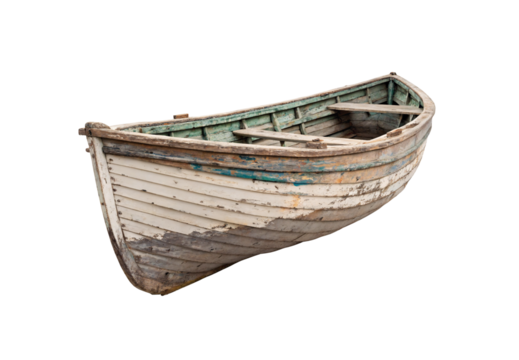 Old weathered wooden rowboat with peeling white and turquoise paint, isolated on a transparent background