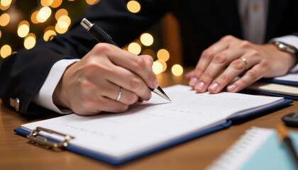 New year strategy and planning theme, close-up of business person writing goals on a notepad, festive lights softly blurred in the background, focused foreground with room for text
