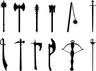 Silhouettes of medieval weapon collection, black vector icons, diverse armory, axes, swords, crossbow, maces, twelve items, vector illustration