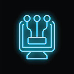 Bright blue neon icon of a computer processing data from multiple sources on a black background