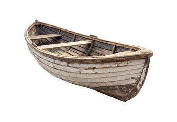 Vintage white wooden boat with dark interior and wooden seats, isolated on a transparent background