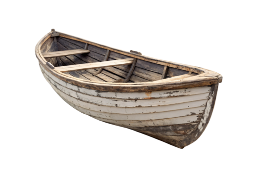 Vintage white wooden boat with dark interior and wooden seats, isolated on a transparent background - Powered by Adobe