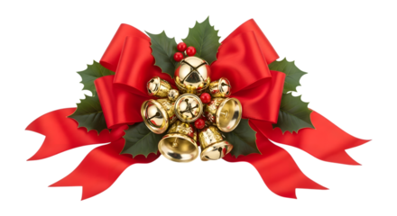 Red christmas bow with golden bells and holly isolated on transparent background