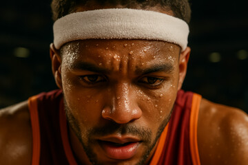 Intense close-up of a male basketball player focused on game
