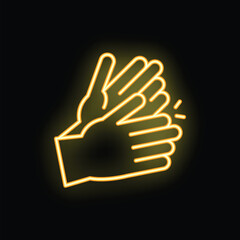 Neon yellow icon of two hands clapping, giving applause on black background
