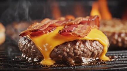 Closeup of a sizzling bacon cheeseburger on a grill, with flames and smoke rising, highlighting the juicy patty and melted cheese animated 4k video