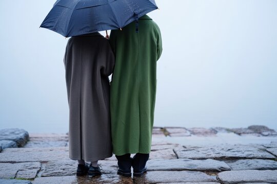Two Individuals in Long Coats Holding an Umbrella Under a Foggy Sky, Surrounded by a Serene Water Landscape on a Gloomy Day - Powered by Adobe