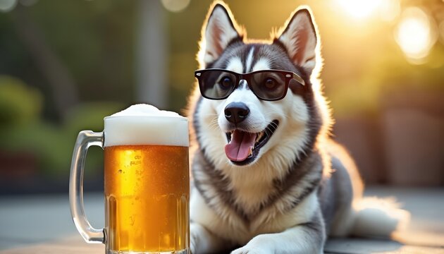 Happy husky dog wearing sunglasses next to beer mug with foam. Sunlight shines on pet relaxing outdoors with refreshing drink on sunny day. Enjoying summer.