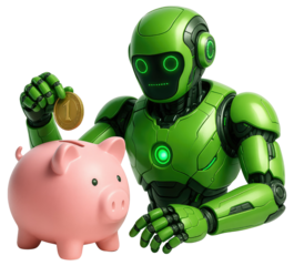 Green robot inserting coin into pink piggy bank with transparent background graphic design isolated on a transparent background
