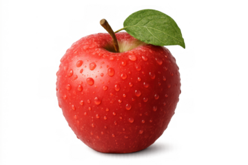 Red apple with fresh water drops and green leaf, showing healthy organic fruit on transparent background