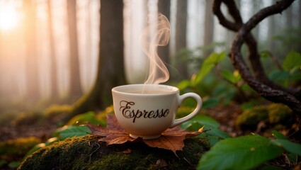 A white cup of hot coffee with the word &ldquo;Espresso&rdquo; on it, set in a forest scenery.