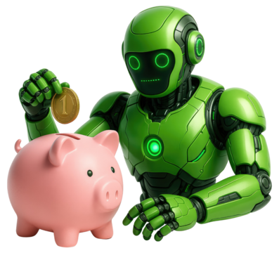 Green robot inserting coin into pink piggy bank with transparent background graphic design isolated on a transparent background