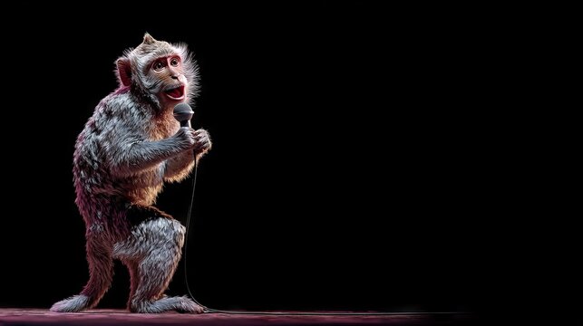 A realistically rendered monkey holds a microphone, mid-performance under stage lighting. The background is black, emphasizing the primate