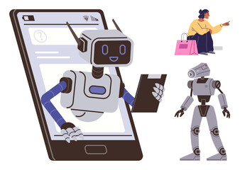 Cute chatbot robot emerges from phone, one holding clipboard, humanoid robot stands idle, woman shops nearby. Ideal for AI service, robot assistant, tech innovation, retail, customer support