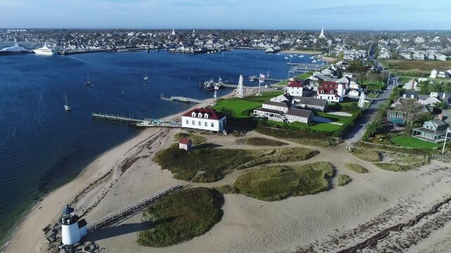 Aerial view of Brant Point Light, a beacon of white against the tan sands and blue waters, guiding ships into the harbor, Nantucket, Massachusetts, United States.