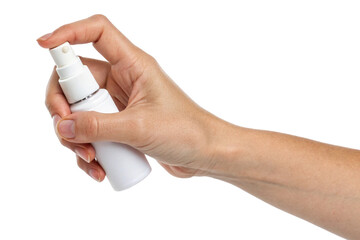 Female hand pressing a white cosmetic spray bottle, showing skincare, hygiene, sanitation, misting, cleansing, moisture, beauty care, wellness, personal grooming, clean lifestyle, and modern 