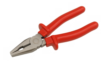 Pliers with red insulated handles, a hand tool for gripping, bending, and cutting wires in repair and diy work