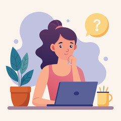 Thoughtful young woman working on laptop with question mark bubble, contemplating a problem or idea