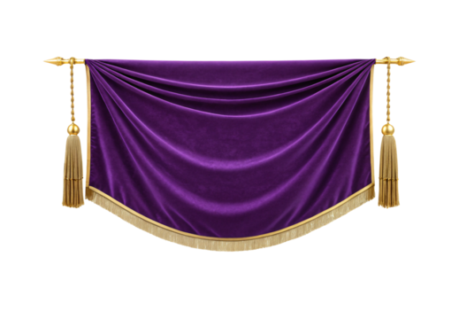Purple velvet ceremonial banner with gold trim, tassels, and ornamental poles, isolated on a transparent background - Powered by Adobe