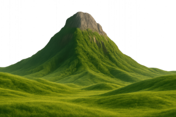 Green grass covered mountain with rocky summit on black background hill landscape isolated on a transparent background
