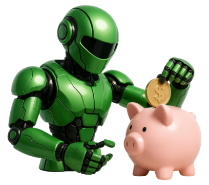 Green robot placing coin into pink piggy bank with transparent background graphic design isolated on a transparent background