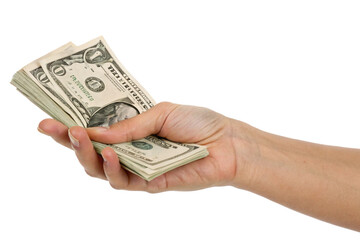 Hand holding a stack of US dollar bills, representing finance, wealth, savings, payment, investment, cash flow, banking, economic growth, earnings, budgeting, and personal financial success 