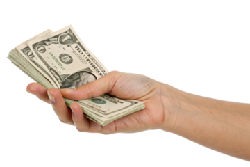 Hand holding a stack of US dollar bills, representing finance, wealth, savings, payment, investment, cash flow, banking, economic growth, earnings, budgeting, and personal financial success 