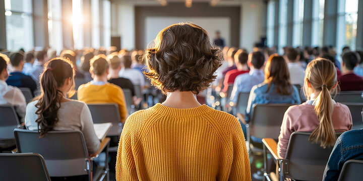 Group of People Meet During Education Session. Students Listen to Teacher's Presentation During Seminar at Speaker Development Meeting.audience, conference, discussion, group, instructor, 